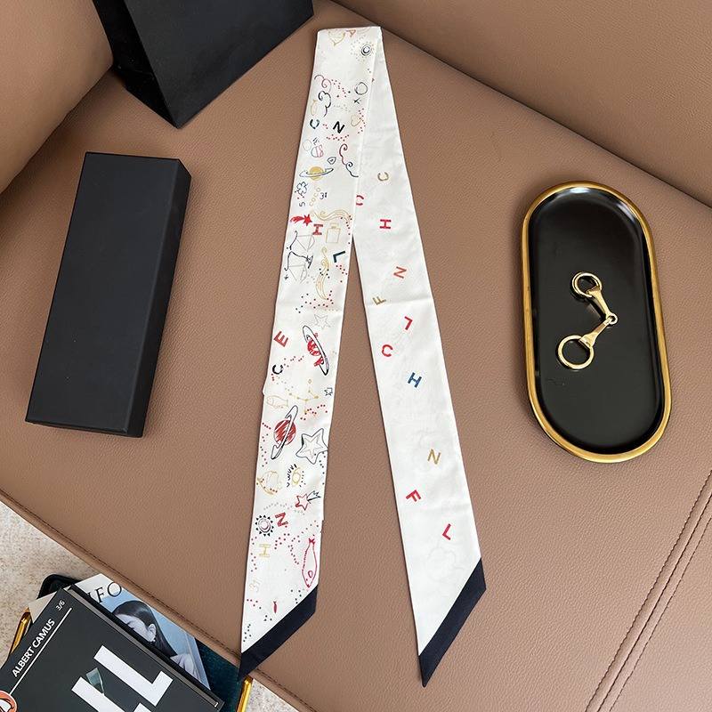 Chane*l Silk Slim Camellia CC Bandeau Scarf