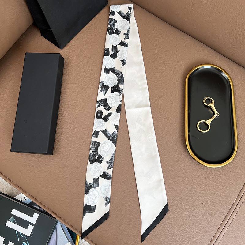 Chane*l Silk Slim Camellia CC Bandeau Scarf