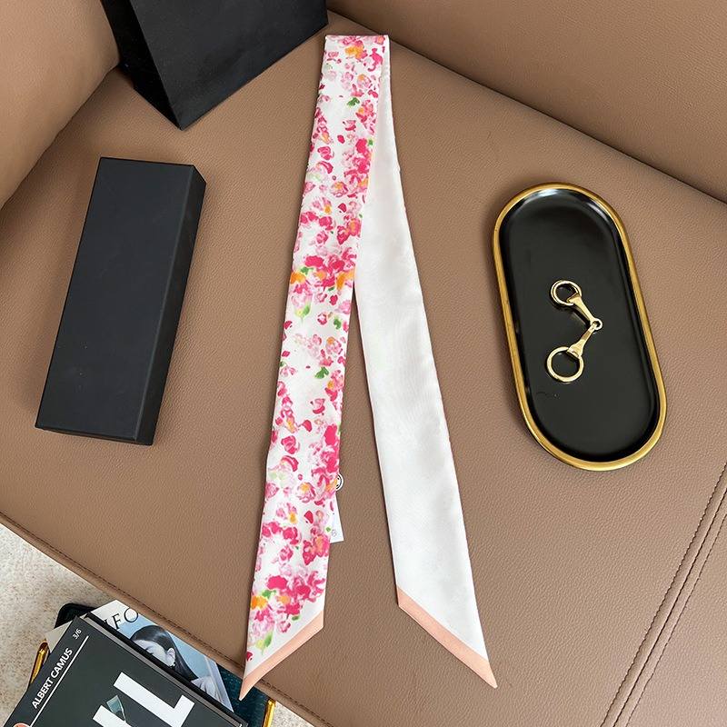 Chane*l Silk Slim Camellia CC Bandeau Scarf