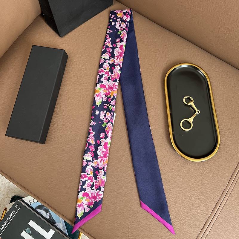 Chane*l Silk Slim Camellia CC Bandeau Scarf
