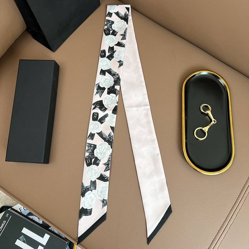 Chane*l Silk Slim Camellia CC Bandeau Scarf