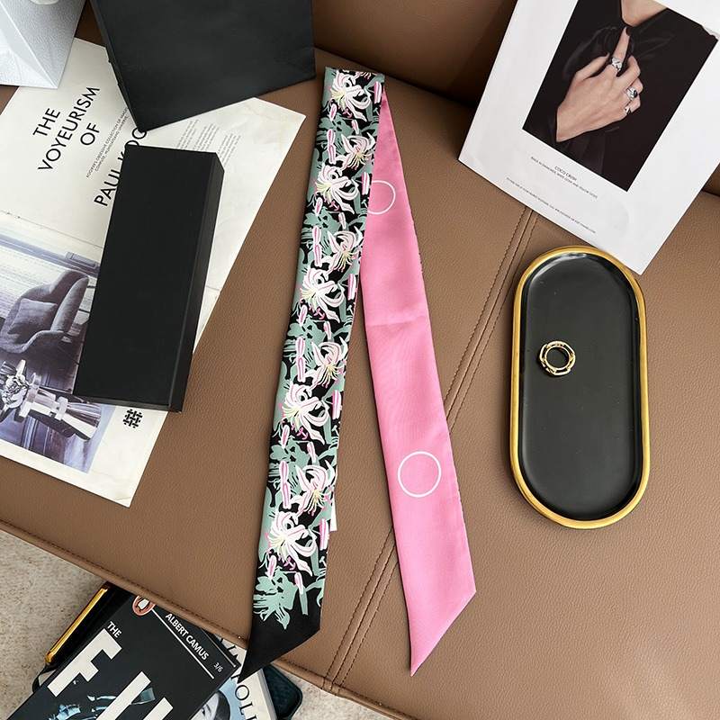 Chane*l Silk Slim Camellia CC Bandeau Scarf