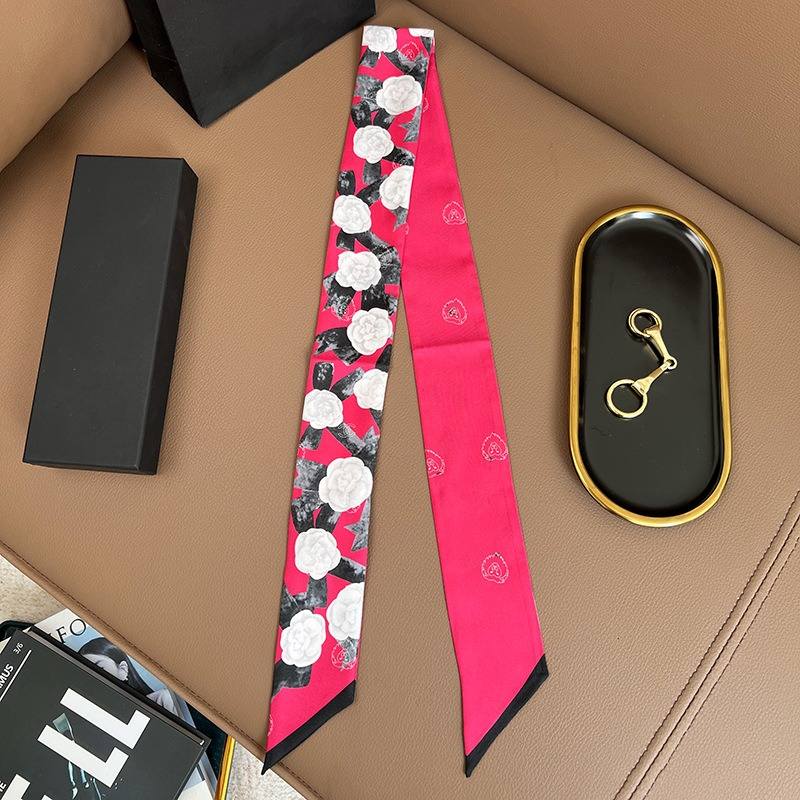 Chane*l Silk Slim Camellia CC Bandeau Scarf