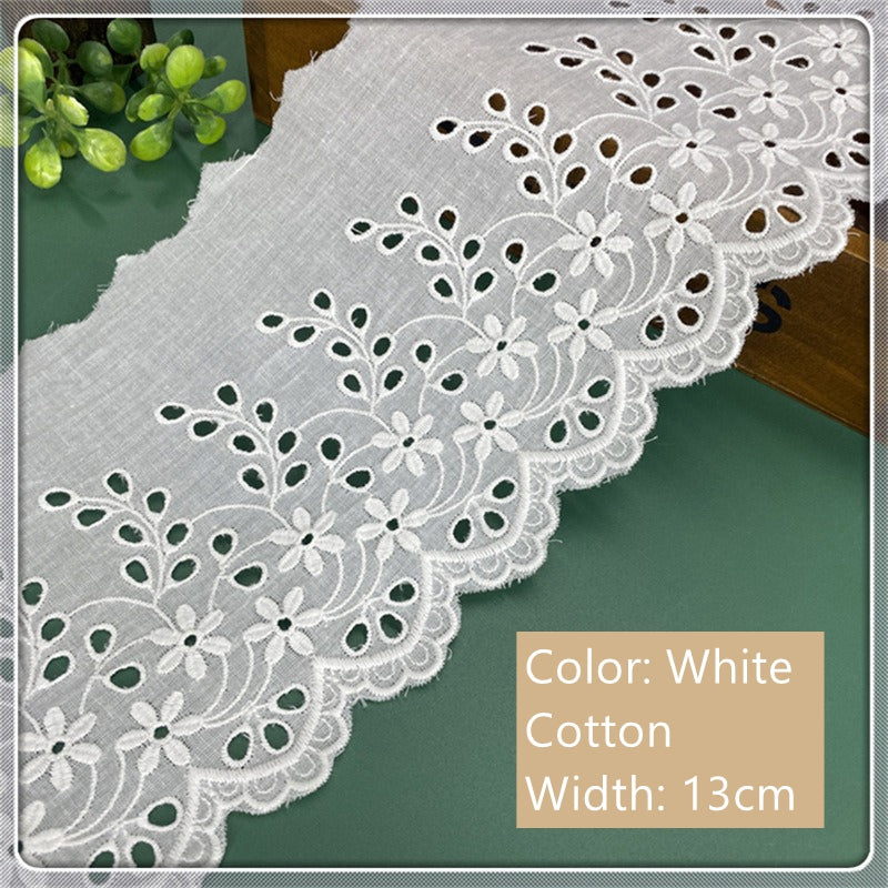 13cm Wide Black/White Cotton Lace Trim, Scalloped Border Trim with Eyelet Embroidery