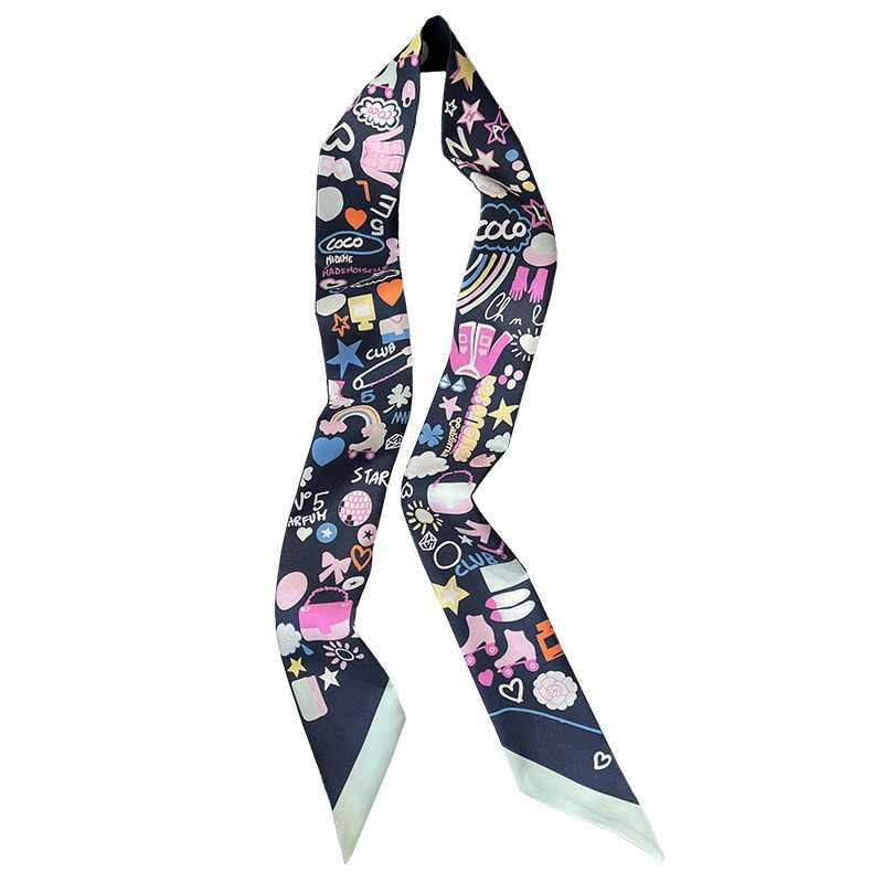 Chane*l Silk Slim Camellia CC Bandeau Scarf