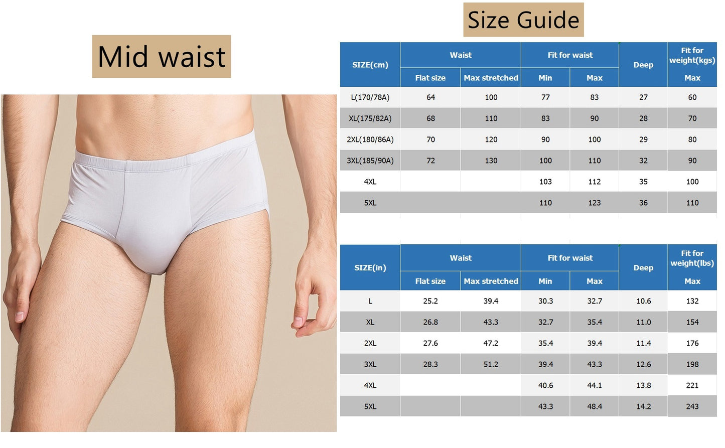 Men's 100% Silk Knit Brief, Large Sizes Available