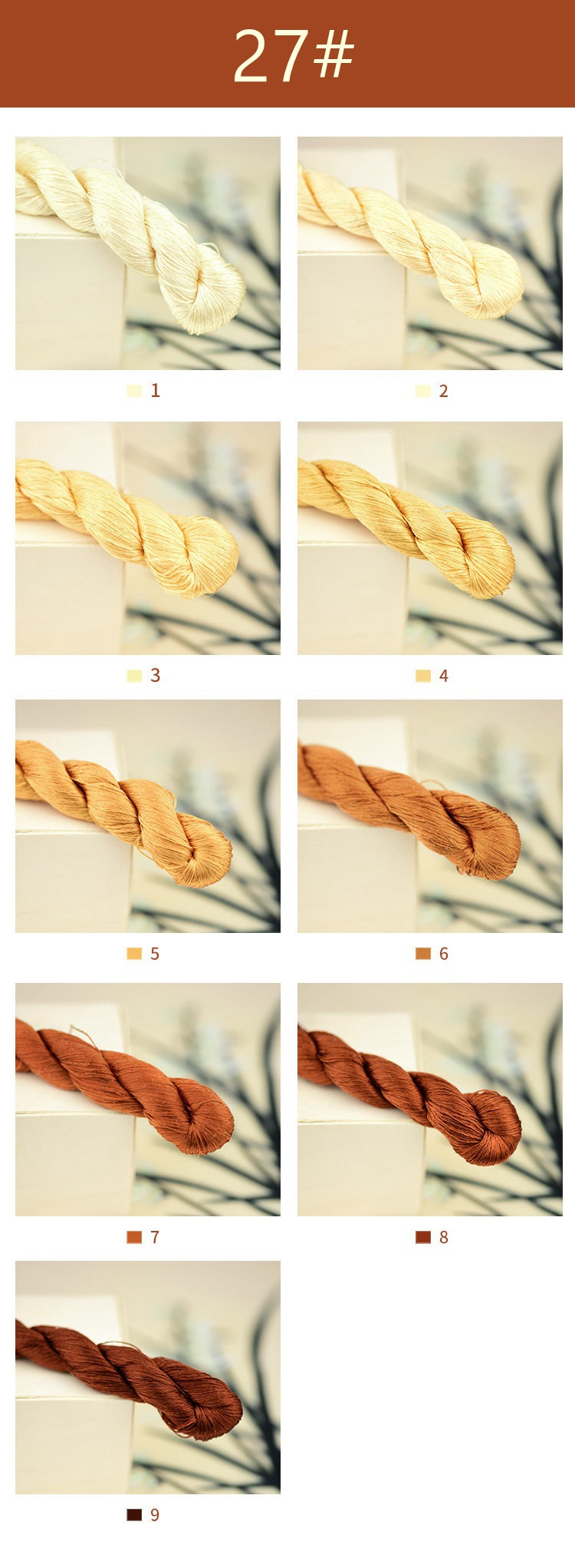 100% Mulberry Silk Embroidery Thread Skeins, Yellow, Brown Colors, 400meters