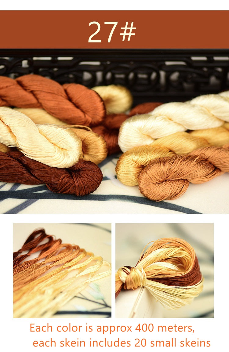 100% Mulberry Silk Embroidery Thread Skeins, Yellow, Brown Colors, 400meters