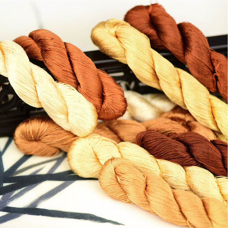 100% Mulberry Silk Embroidery Thread Skeins, Yellow, Brown Colors, 400meters