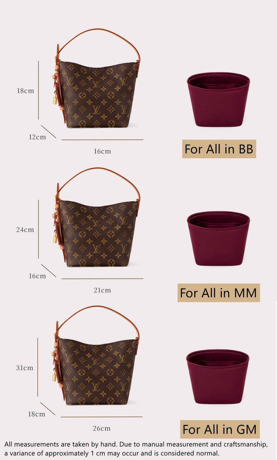 Bag Organizer Insert for All in BB/MM/GM, Acetate Satin