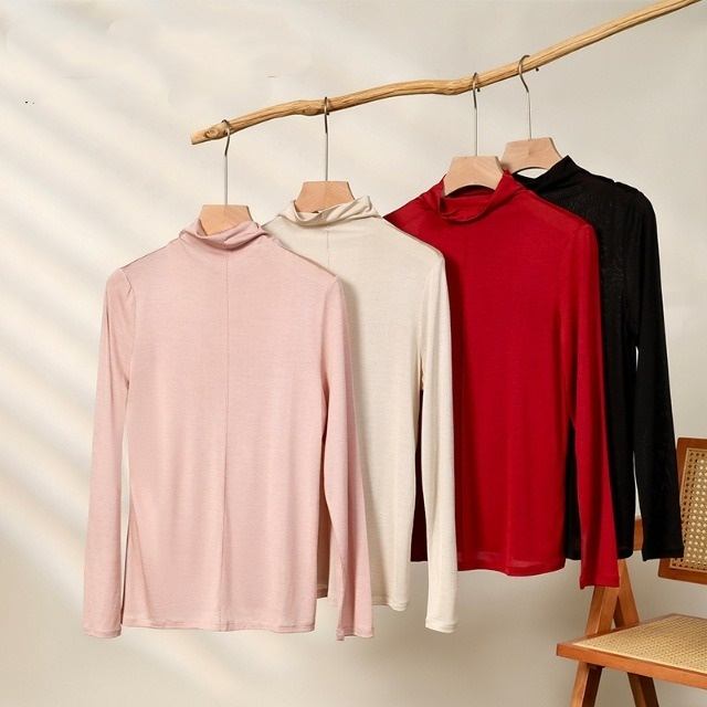 Women 100% Knit Mulberry Silk Turtleneck Base Layer