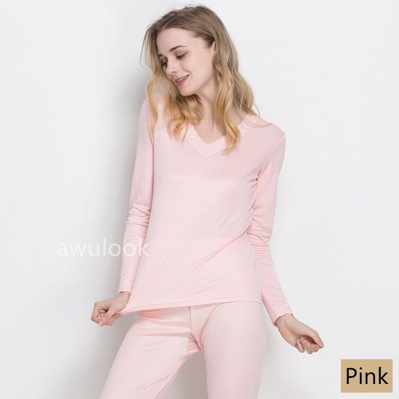 Women 100% Mulberry Silk Thermal underwear Set, V Neck, Lace trim