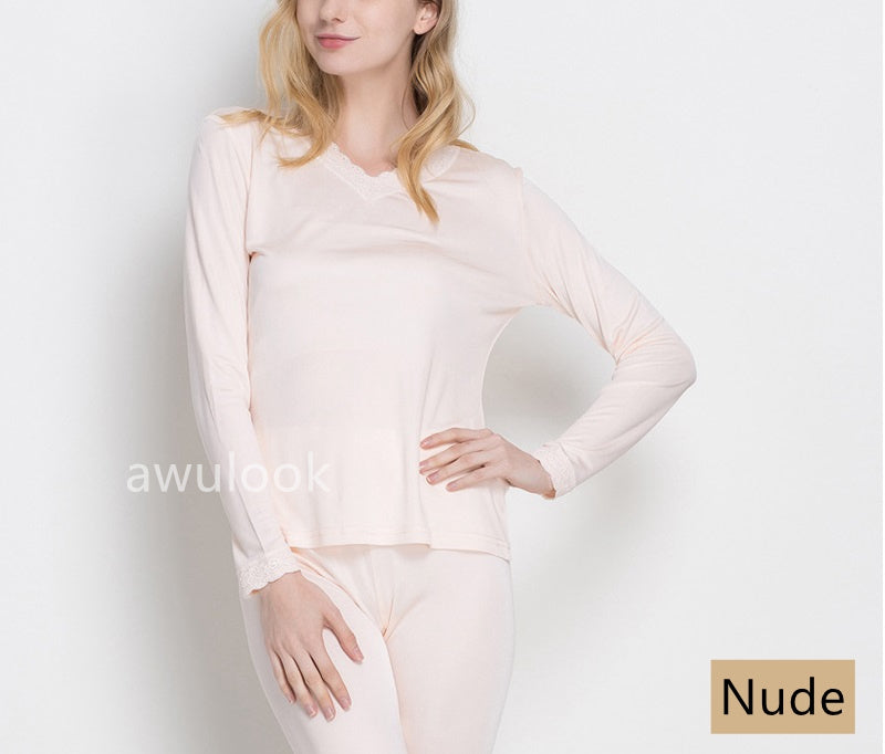 Women 100% Mulberry Silk Thermal underwear Set, V Neck, Lace trim