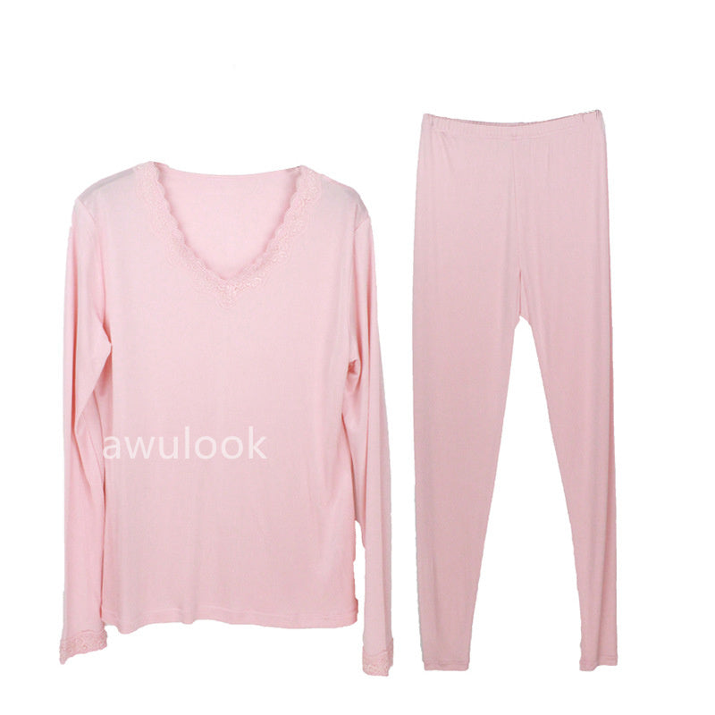 Women 100% Mulberry Silk Thermal underwear Set, V Neck, Lace trim