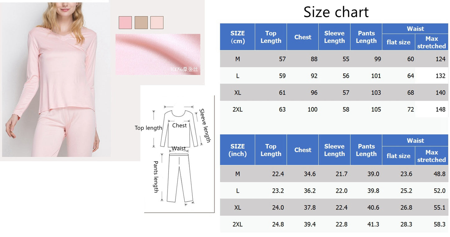 Women 100% Mulberry Silk Thermal underwear Set, V Neck, Lace trim