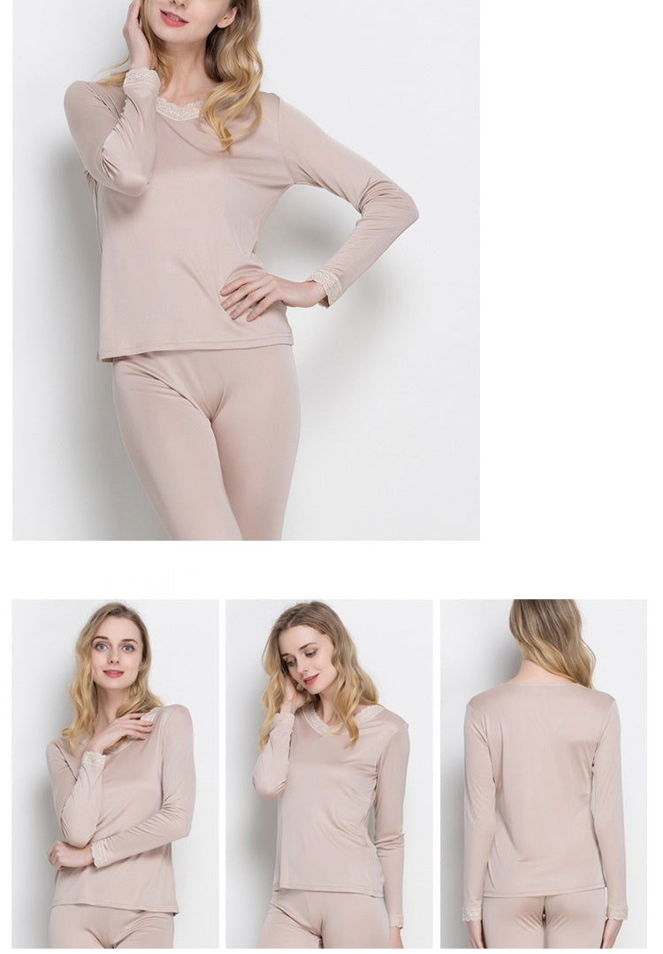 Women 100% Mulberry Silk Thermal underwear Set, V Neck, Lace trim