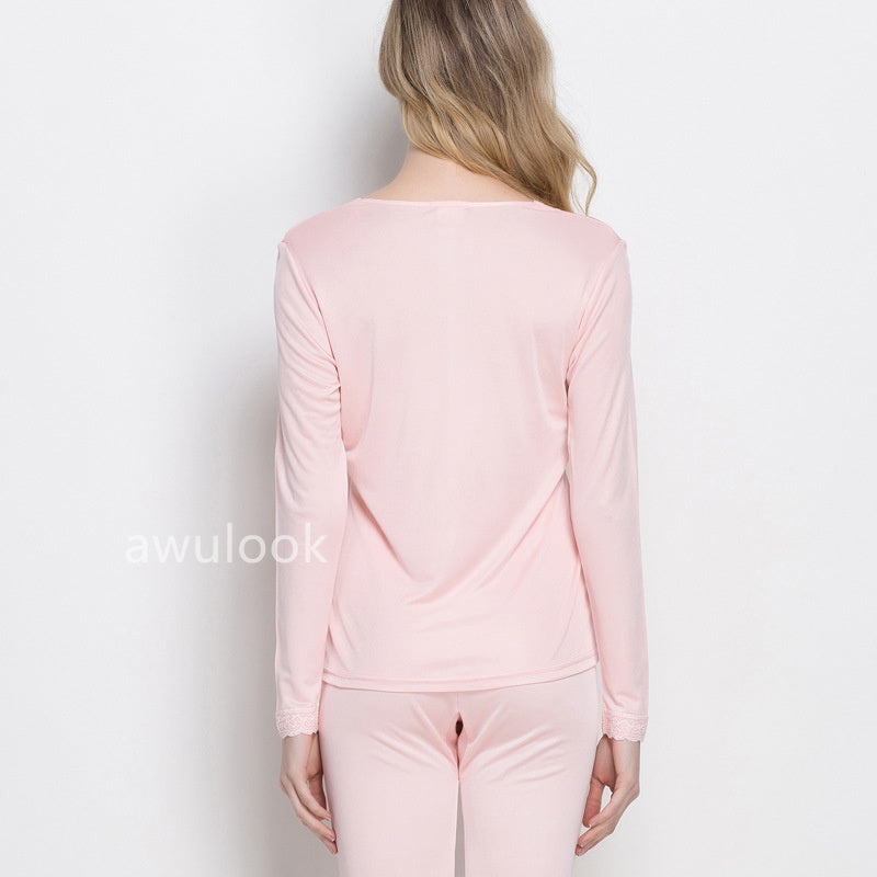 Women 100% Mulberry Silk Thermal underwear Set, V Neck, Lace trim