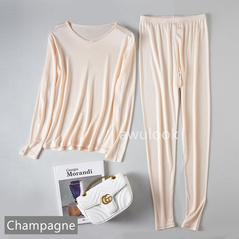 Women 100% Mulberry Silk Thermal Underwear Set/Leggings/Top, V Neck