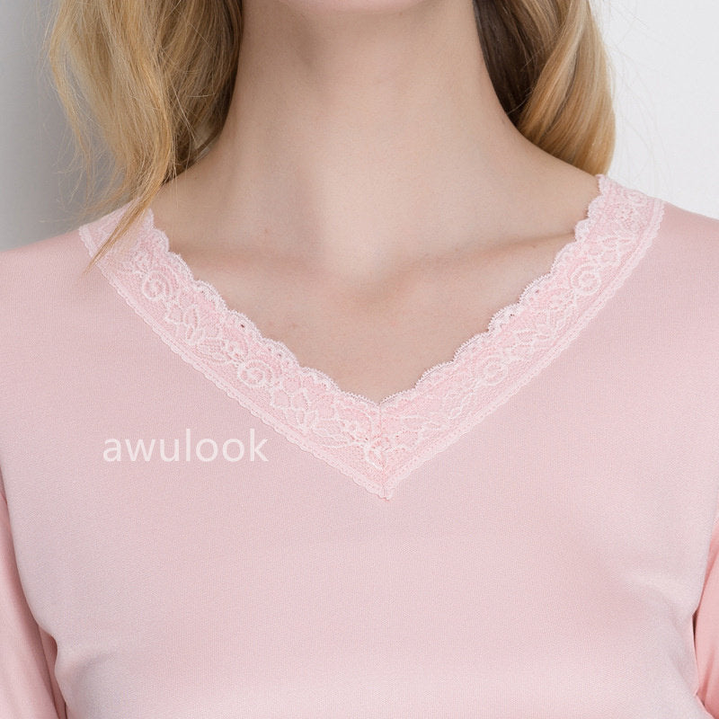 Women 100% Mulberry Silk Thermal underwear Set, V Neck, Lace trim