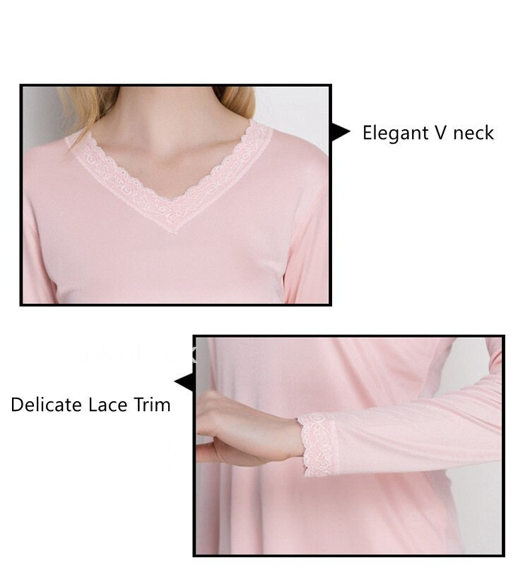 Women 100% Mulberry Silk Thermal underwear Set, V Neck, Lace trim