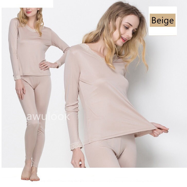 Women 100% Mulberry Silk Thermal underwear Set, V Neck, Lace trim